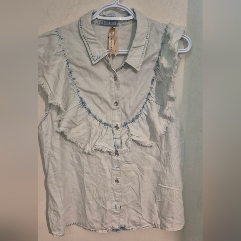 Liverpool Frayed Denim White Out  Button Down Shirt